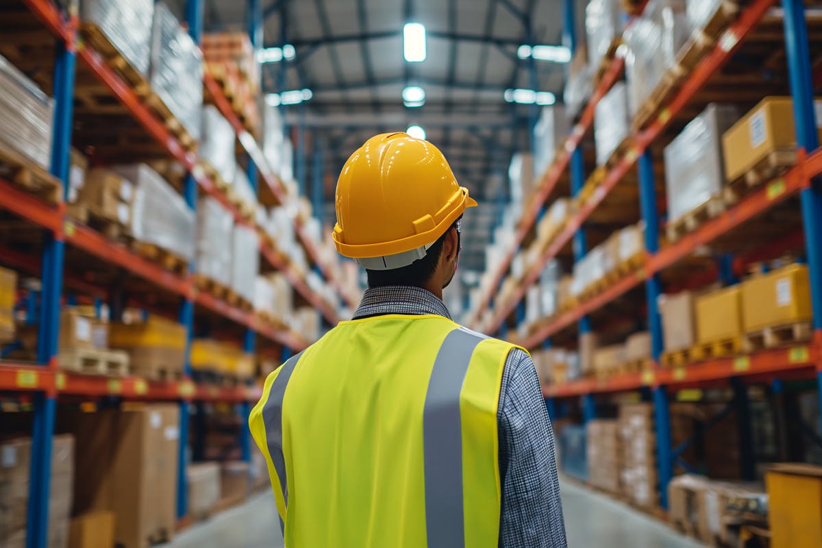 Un travailleur industriel porte des équipements de sécurité dans un entrepôt de stockage et gère les actifs avec TAG de Verosoft Design.